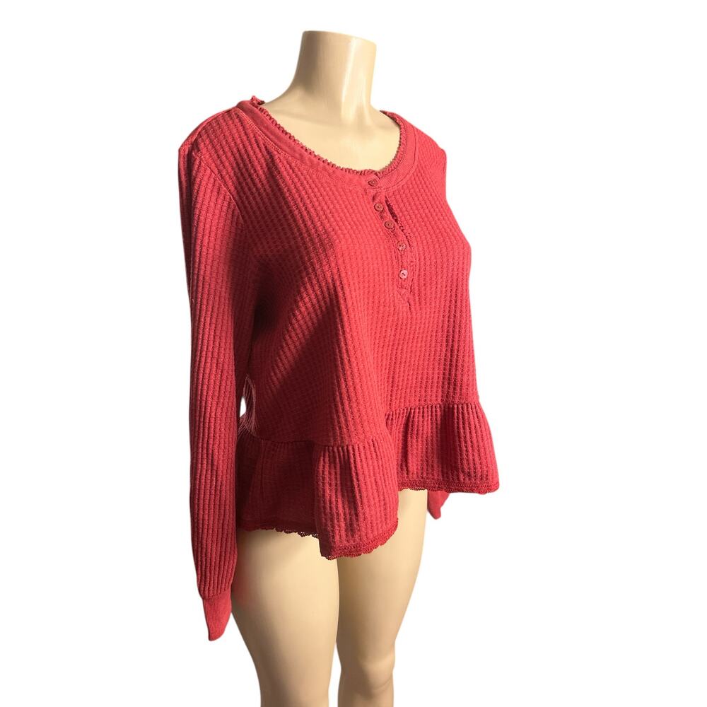 Women L Frye & Co Long Slv Shirt Top Waffle Henley Peplum Tee Rhubarb Red